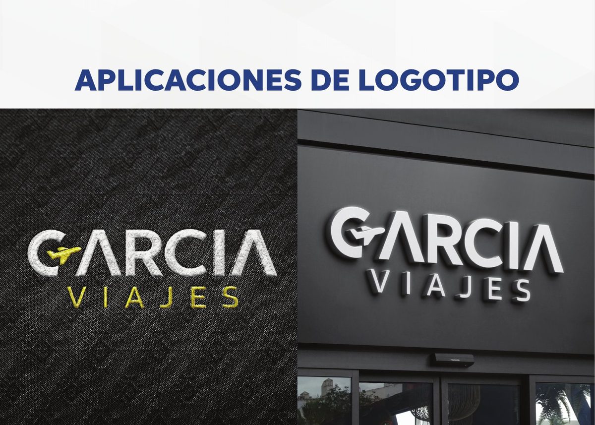 Aplicaciones del logotipo de Viajes García: bordado en textil y letrero de fachada