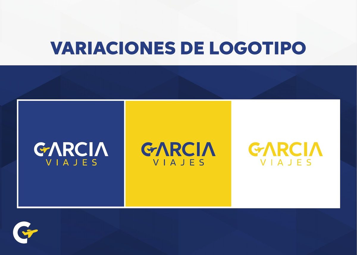 Variaciones del logotipo de Viajes García en azul, amarillo y blanco